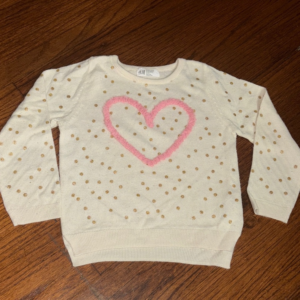 H&M Kids Cream Sweater with Pink Heart and Gold Dots